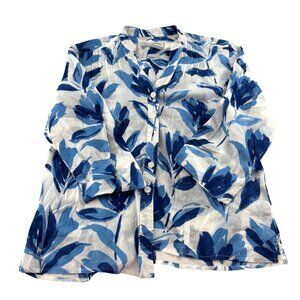 Alfred Dunner Women's Petite Blue Floral Button Front Shirt 3/4 sleeves